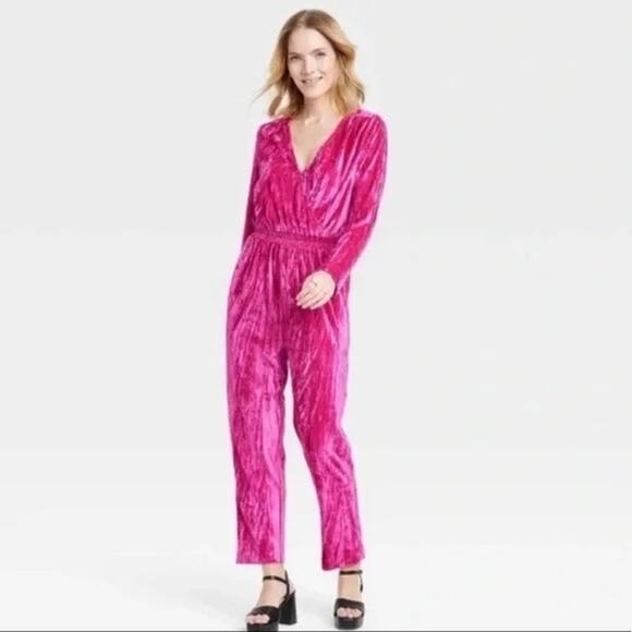 a new day Pants - A New Day Pink Crushed Velvet Long Sleeve Jumpsuit Size L Large